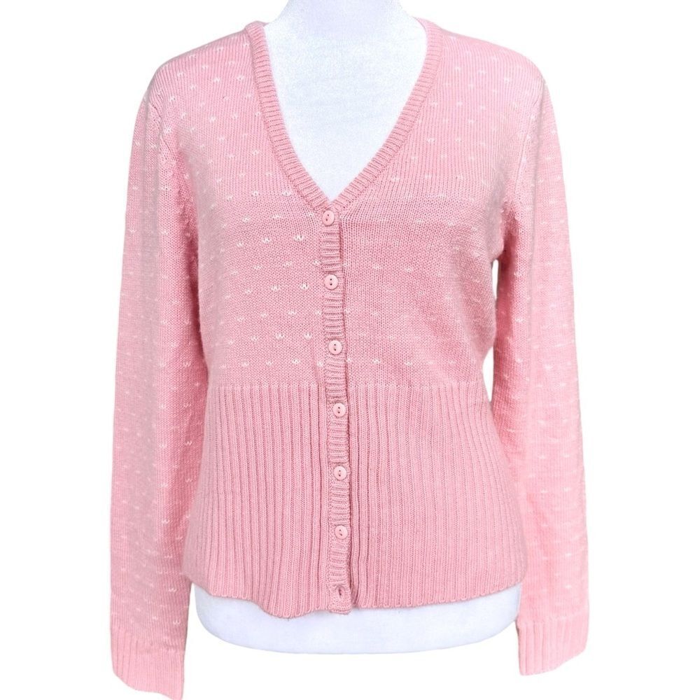 JG Hook Vintage Pink & White Tiny Polka Dot V-Neck Cardigan Sweater. Small.